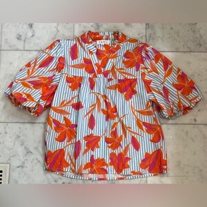 THML Blue & White Stripe Blouse with Orange and Pink Floral Print